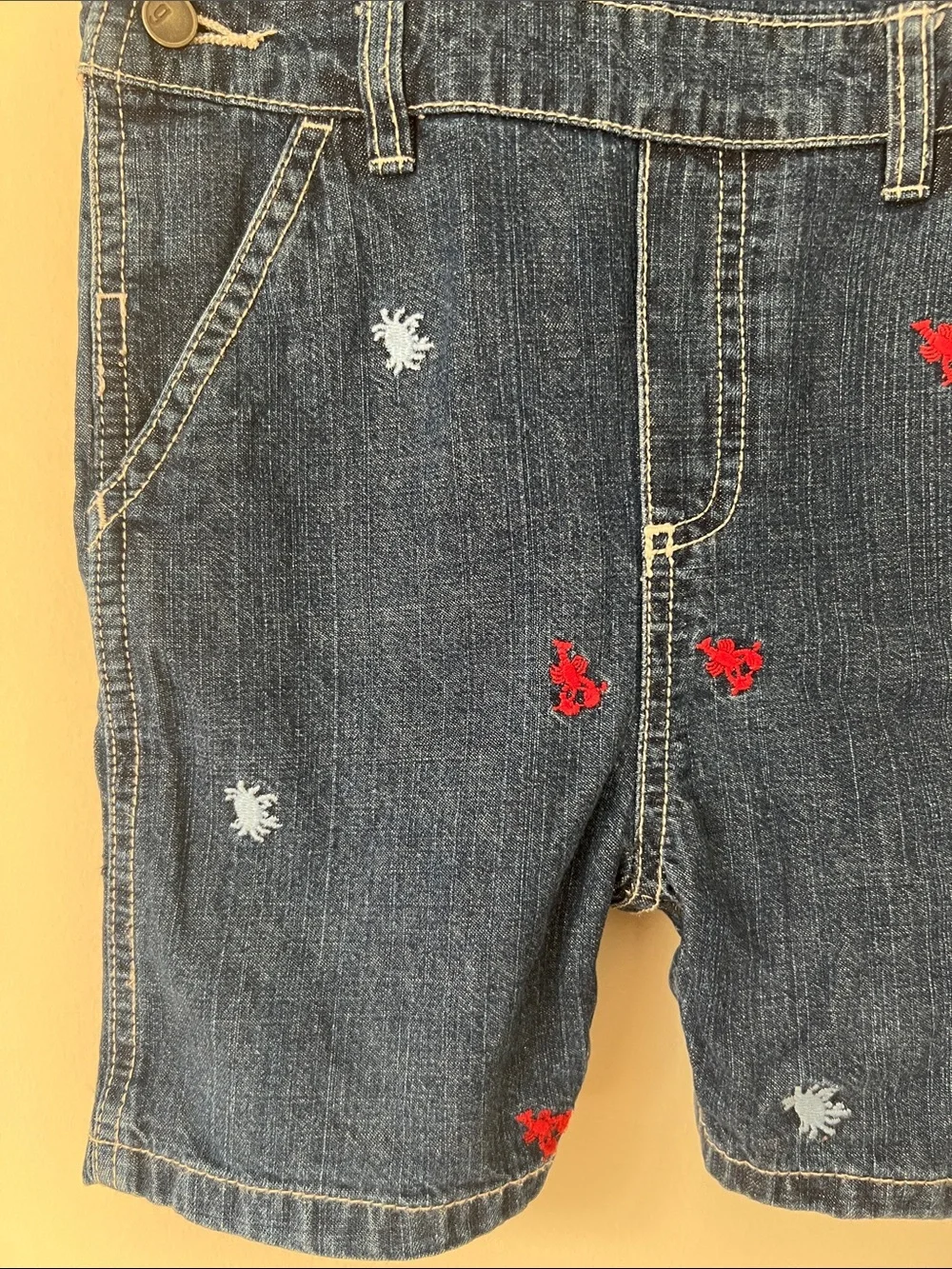 Gymboree Dark Blue Denim Short Overalls with Red & Light Blue Embroidery